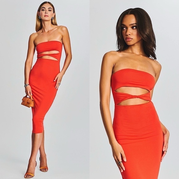 NWT RETROFETE SER.O.YA Strapless Twist Front Cutout Bodycon Jersey Midi Dress L - Picture 1 of 13